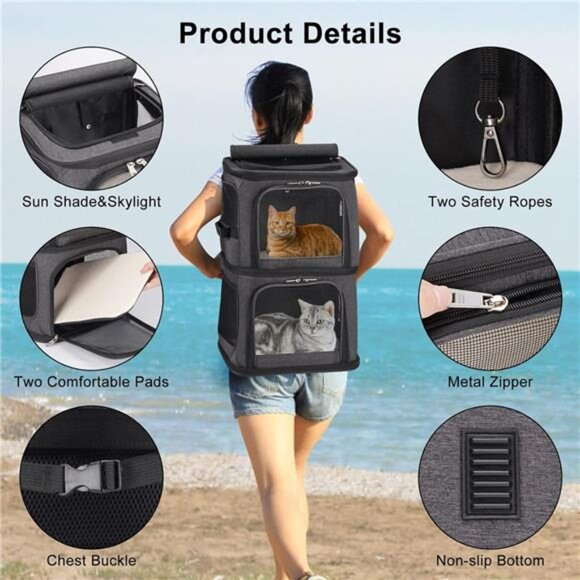 2-in-1 Double Pet Carrier Backpack for Small Cats and Dogs, Portable Pet Carrier - Picture 5 of 8